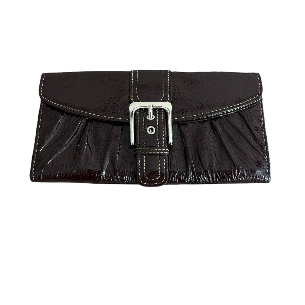 Buckle Wallet / Clutch - Shiny Brown Faux Leather - Multi-Pocket - NWT